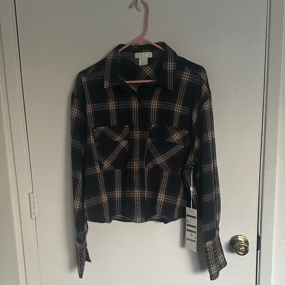 LIFE brand Blue and Brown plaid Button Down Shirt with stud detail